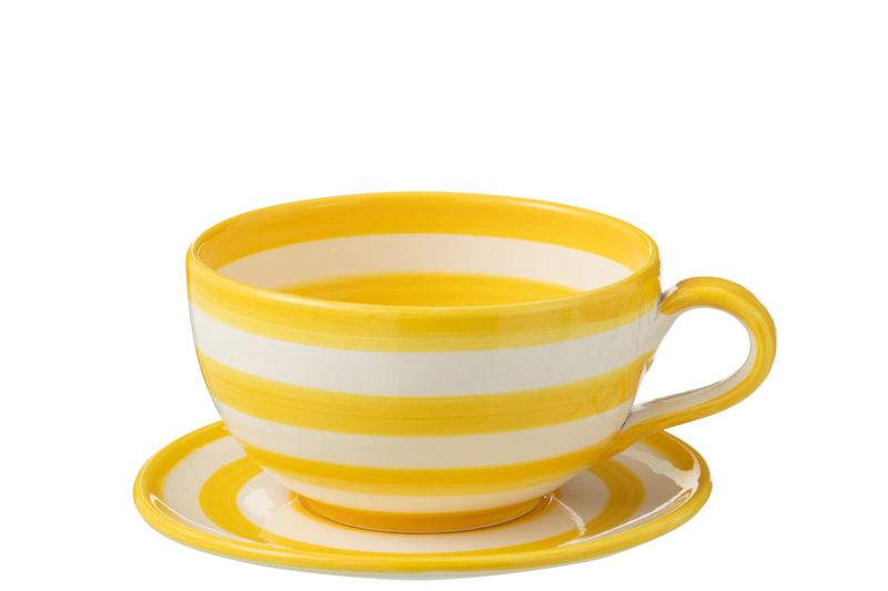 CUP+PLATE GRANADA STRIPES CERAMIC WHITE/YELLOW