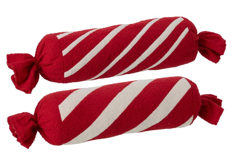 KUSSEN CILINDER GESTREEPT POLYESTER KERSTROOD/WIT ASSORTIMENT VAN 2