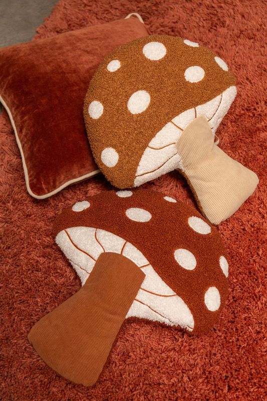 KUSSEN PADDENSTOEL POLYESTER BRUIN ASSORTIMENT VAN 2