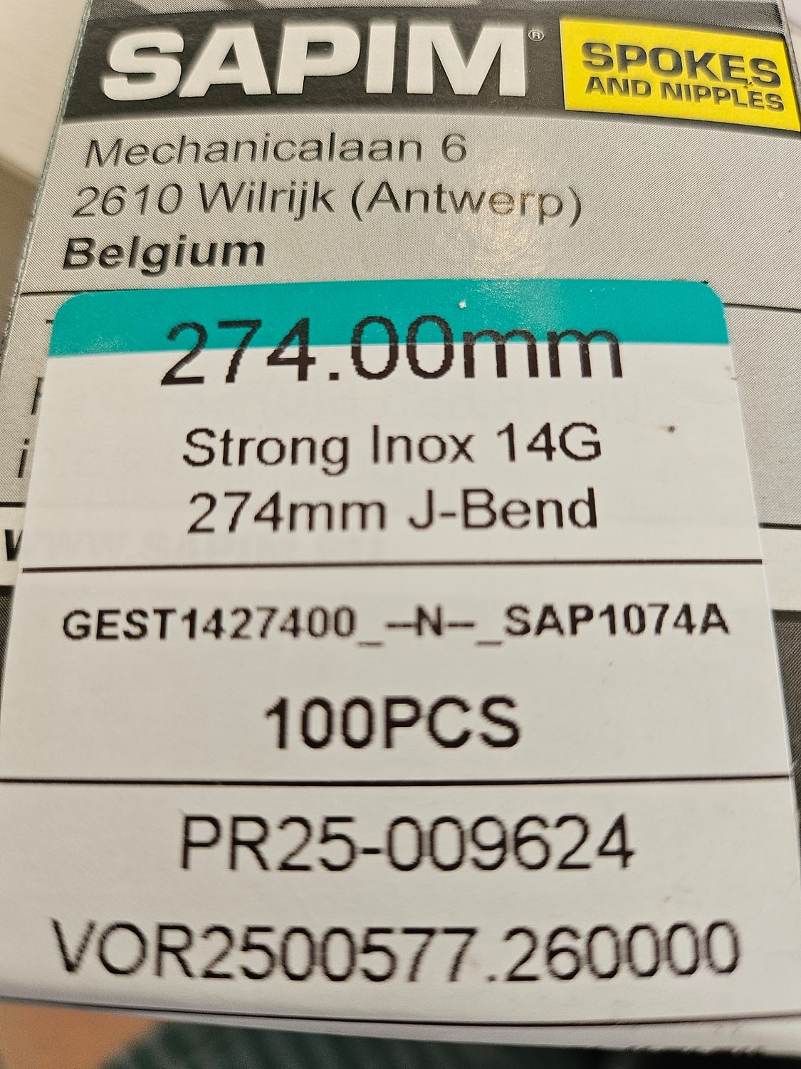 Sapim Strong inox 14G 274mm J-bend spaak