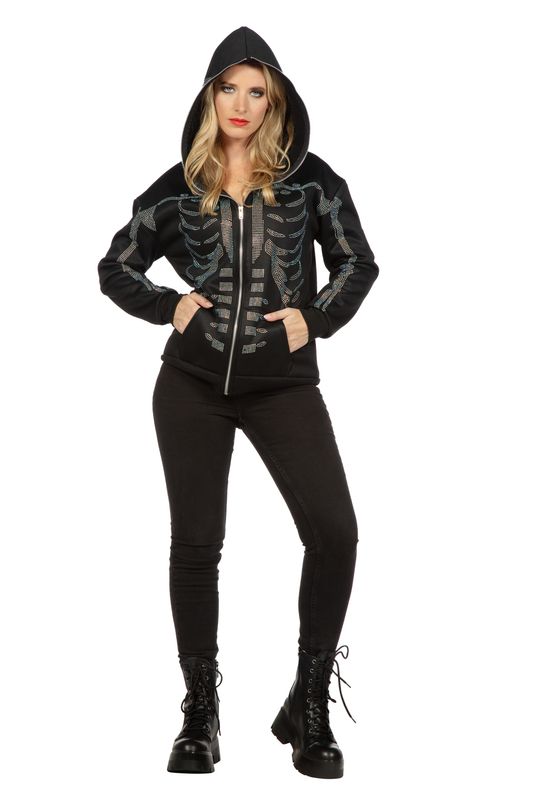 Hoodie met rits skelet strass steentjes