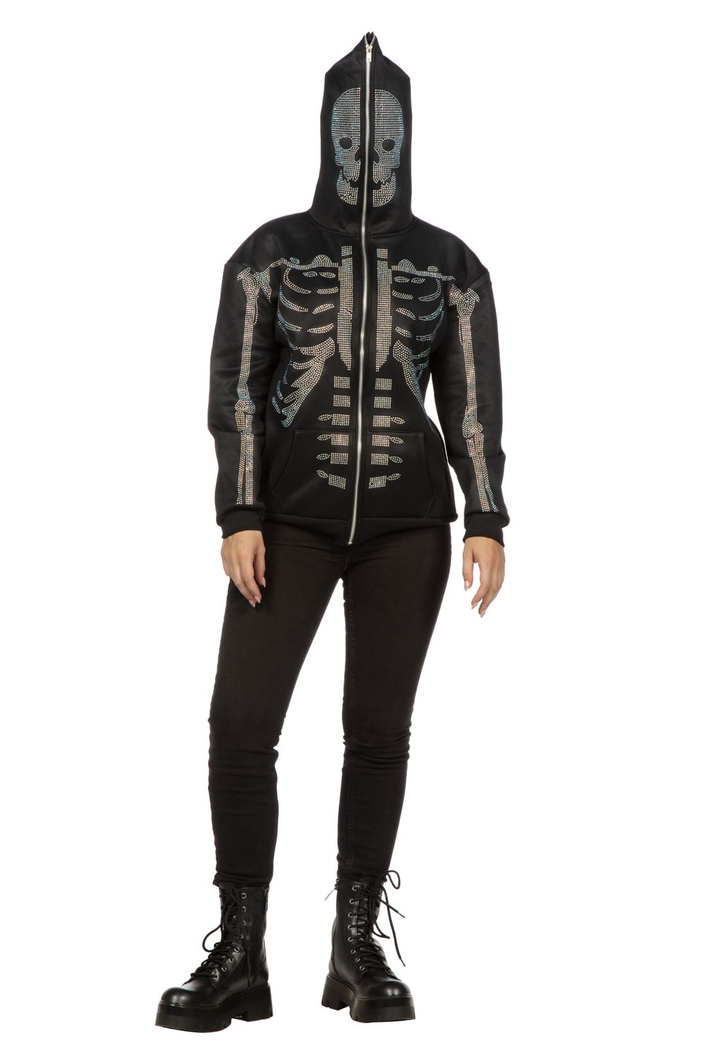 Hoodie met rits skelet strass steentjes