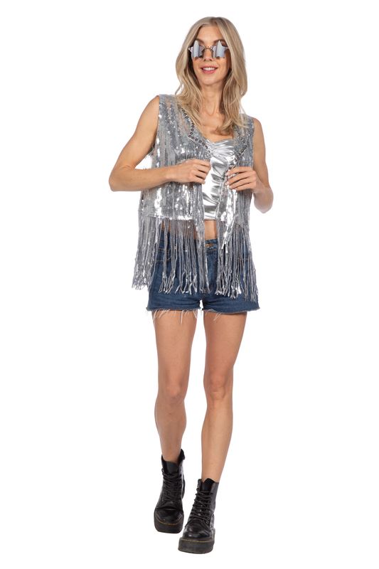 Festival vest met lange franjes zilver