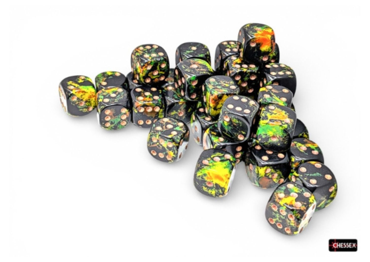 Chessex - Brush Deep Forest/Gold - 12mm D6 Dice Block – 36 Dobbelstenen