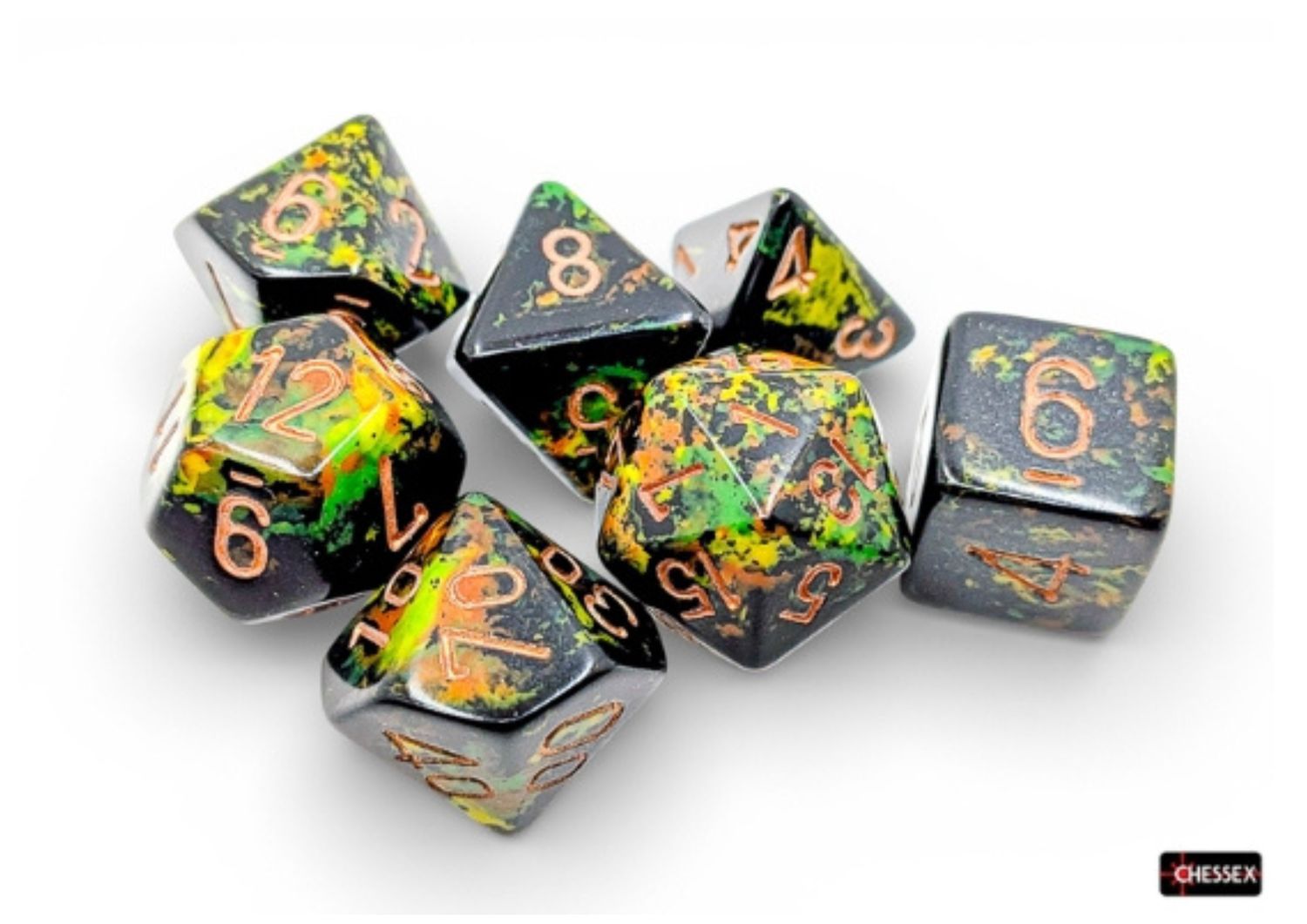 Chessex - Brush Deep Forest/Gold - 7-Die Set – 7 RPG Dobbelstenen