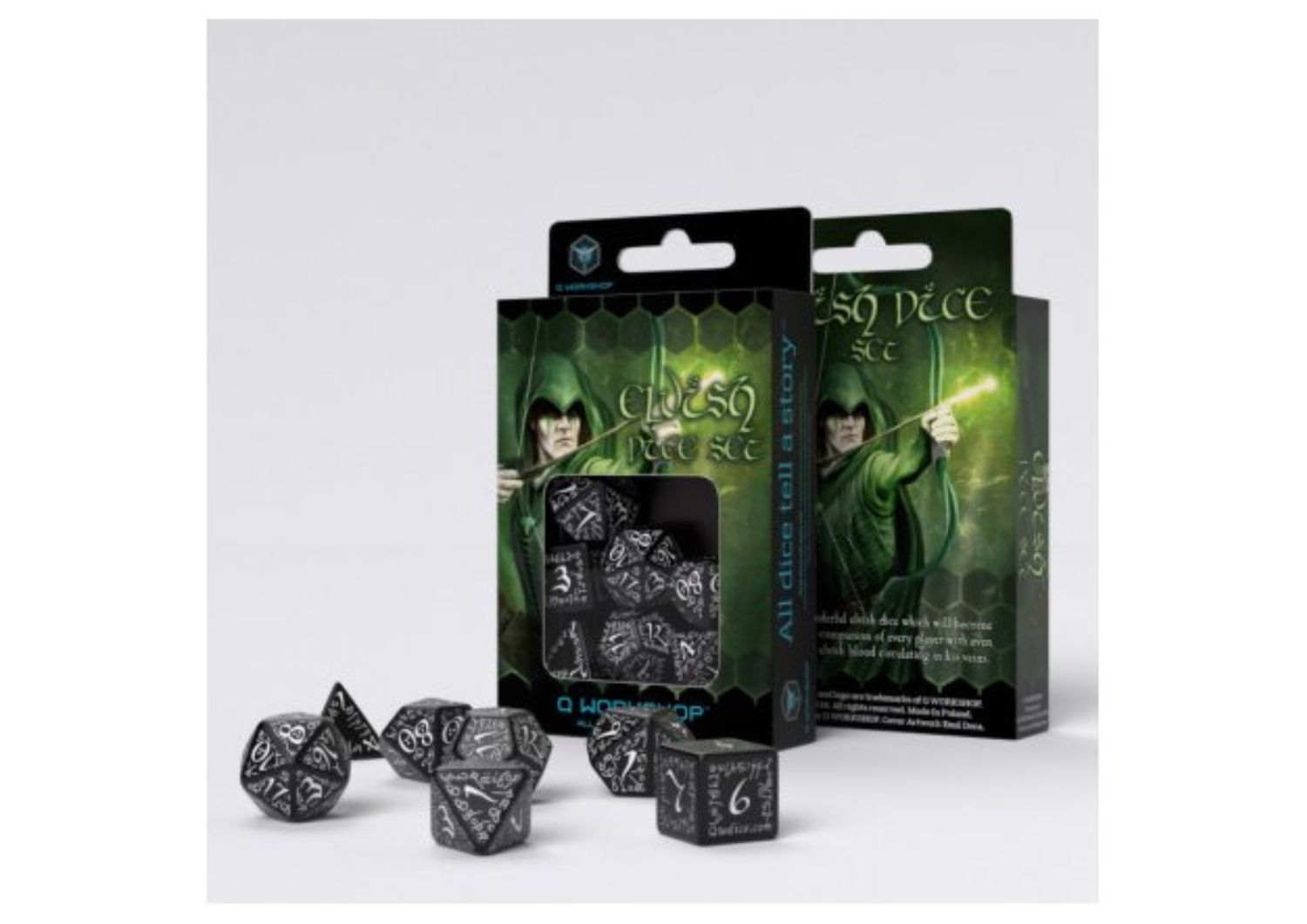 Q-Workshop - Elvish - RPG Dice Set Black &amp; White – 7-Delige RPG Dobbelset