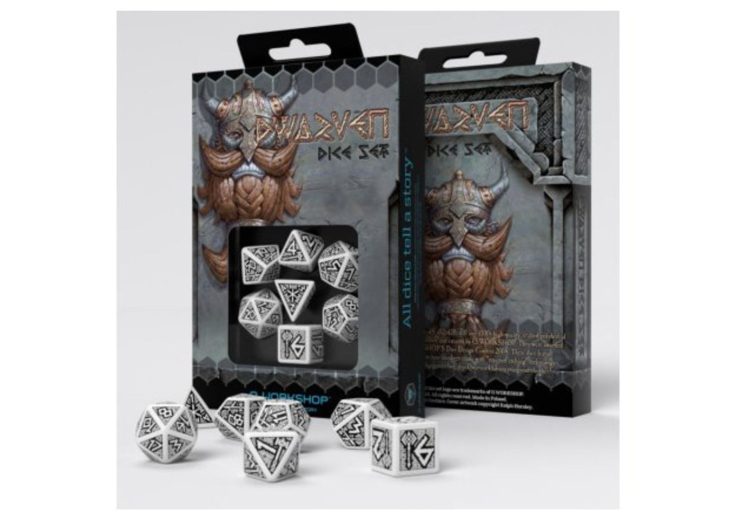 Q-Workshop - Dwarven RPG Dice Set White &amp; Black – 7-Delige RPG Dobbelset