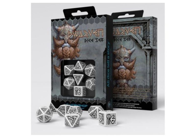 Q-Workshop - Dwarven RPG Dice Set White & Black – 7-Delige RPG Dobbelset
