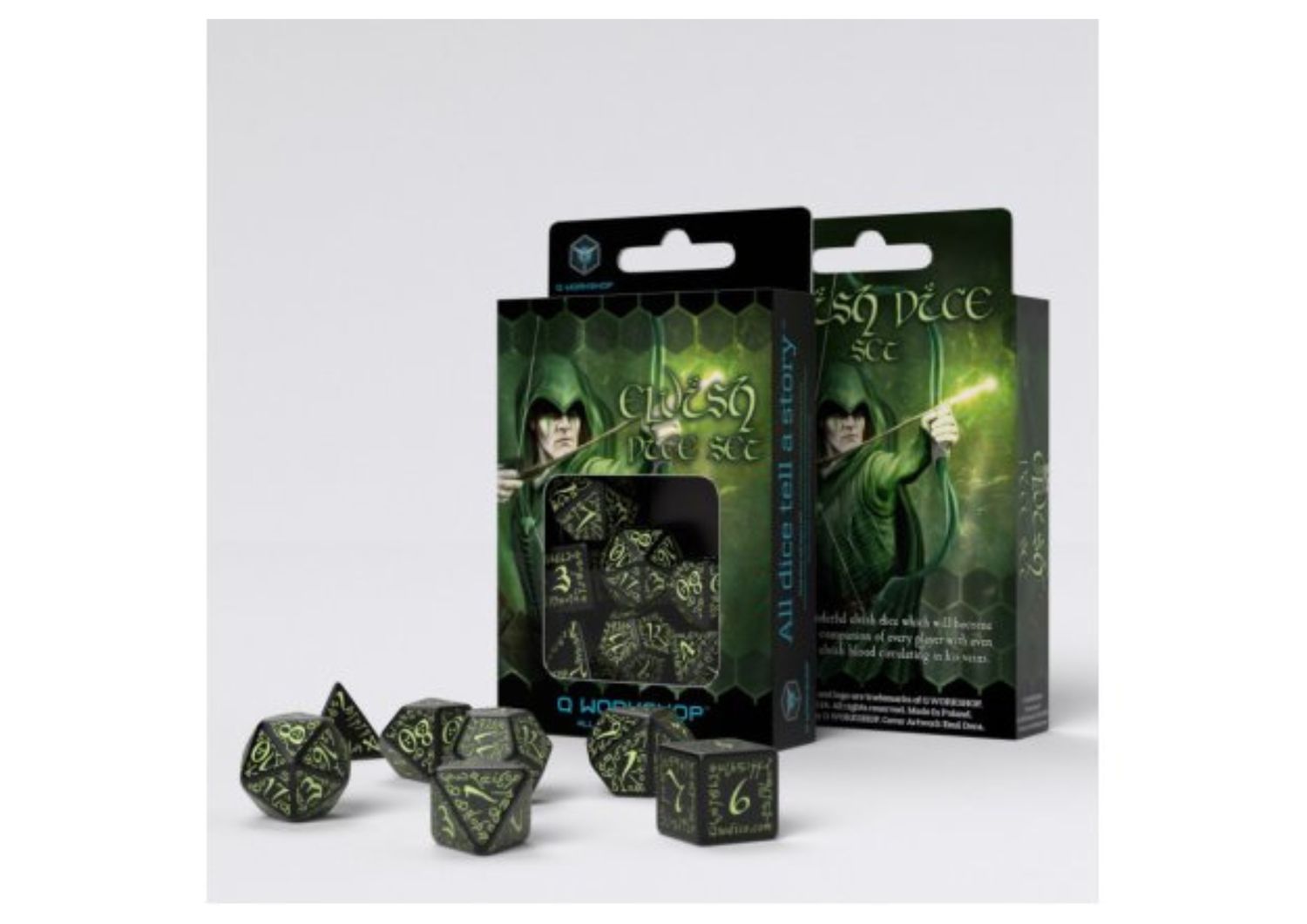 Q-Workshop - Elvish - RPG Dice Set Black &amp; Glow-in-the-Dark – 7-Delige RPG Dobbelset