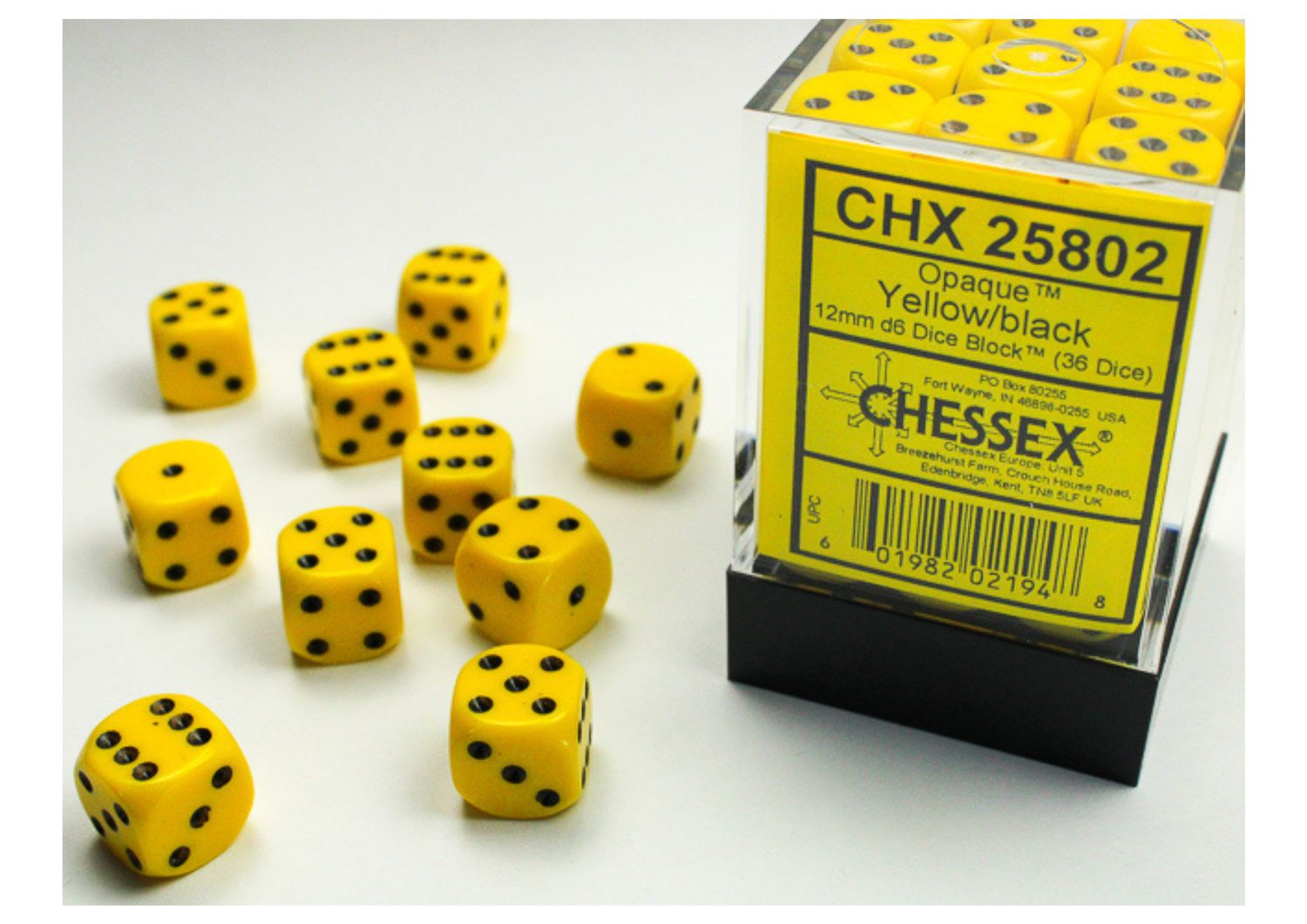 Chessex - Yellow/Black Opaque - 12mm D6 Dice Block – 36 Dobbelstenen