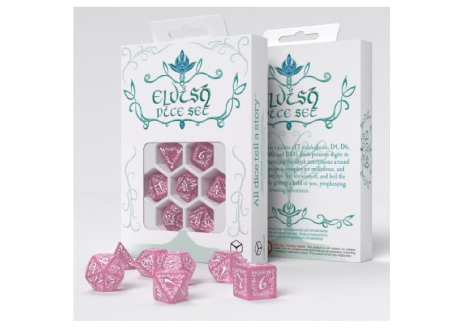 Q-Workshop - Elvish - RPG Dice Set Shimmering Pink &amp; White – 7-Delige RPG Dobbelset