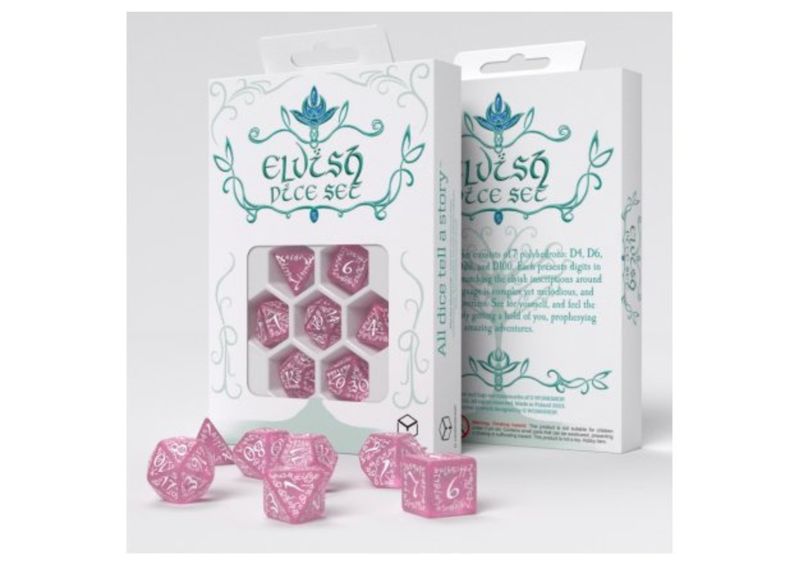 Q-Workshop - Elvish - RPG Dice Set Shimmering Pink & White – 7-Delige RPG Dobbelset