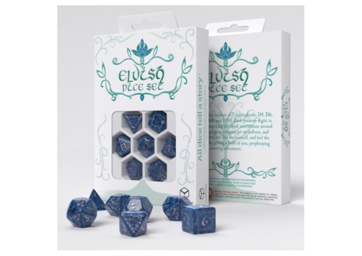 Q-Workshop - Elvish - RPG Dice Set Cobalt &amp; Silver – 7-Delige RPG Dobbelset