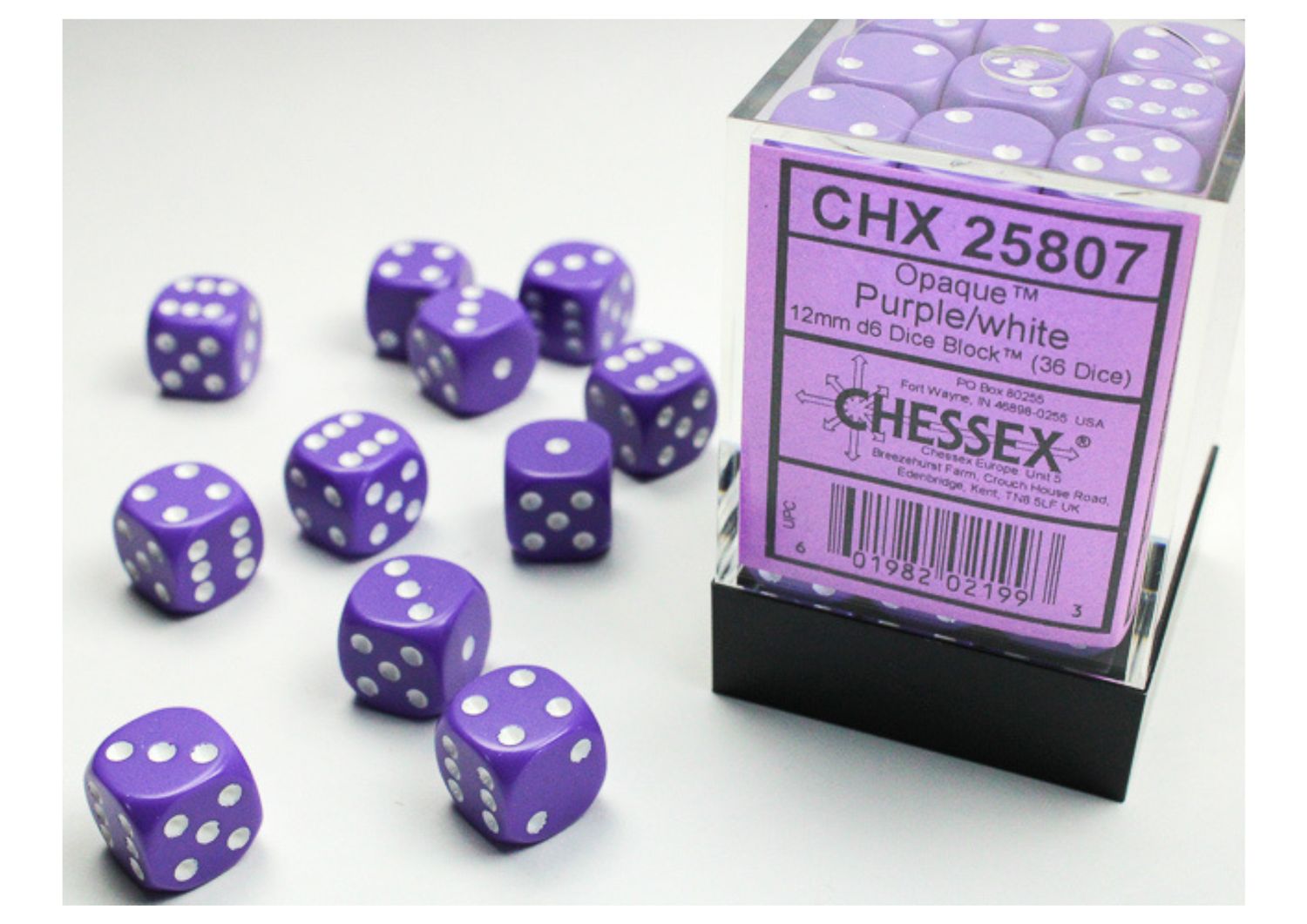 Chessex - Purple/White Opaque - 12mm D6 Dice Block – 36 Dobbelstenen