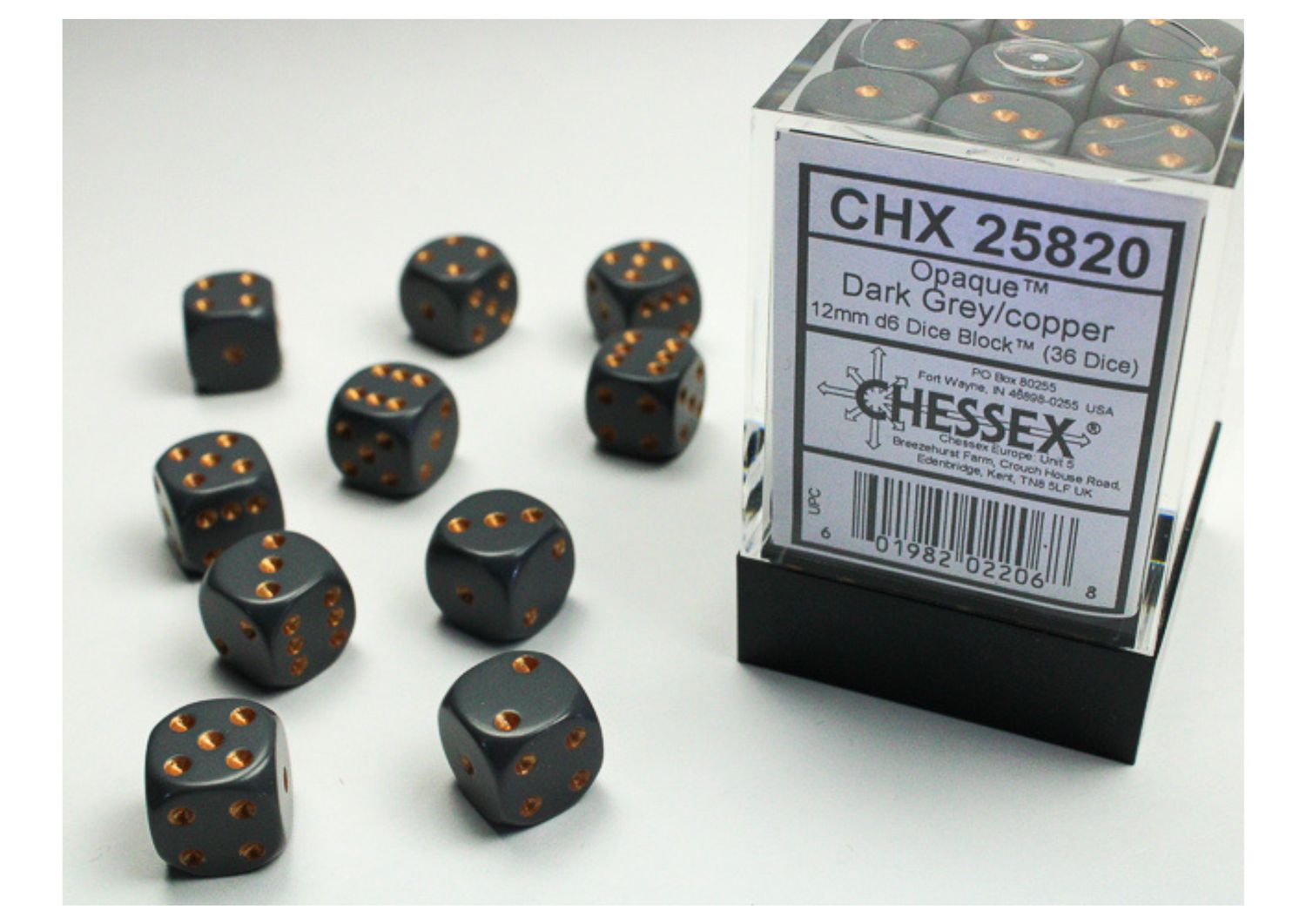 Chessex -Dark Grey/Copper Opaque - 12mm D6 Dice Block – 36 Dobbelstenen
