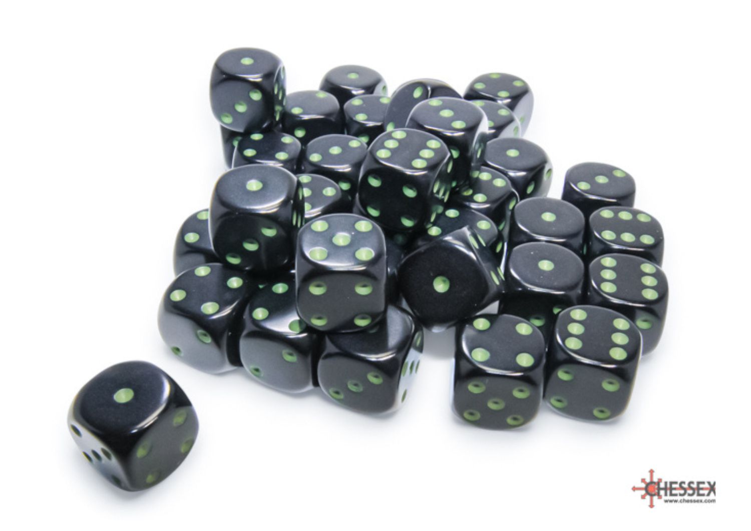 Chessex -Black/Green Opaque - 12mm D6 Dice Block – 36 Dobbelstenen