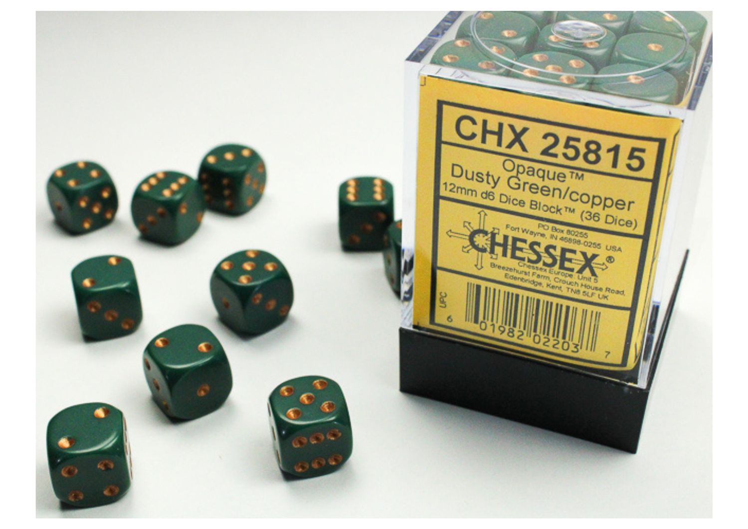 Chessex -Dusty Green/Copper Opaque - 12mm D6 Dice Block – 36 Dobbelstenen