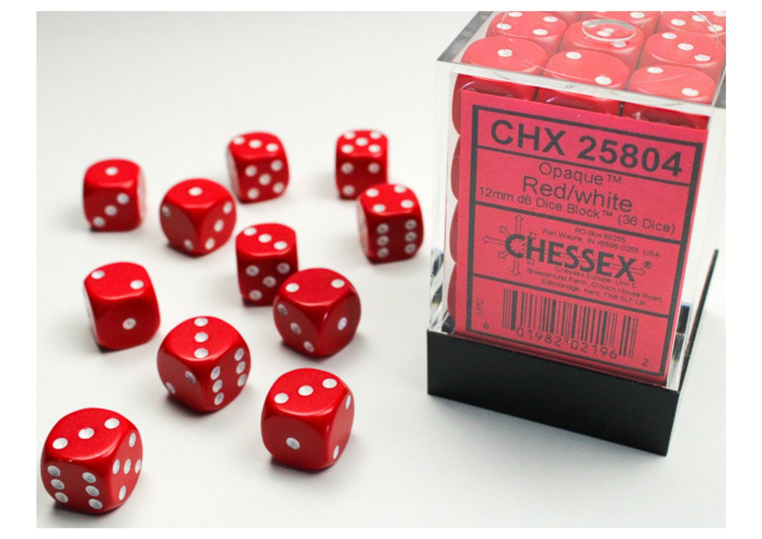 Chessex - Red/White Opaque - 12mm D6 Dice Block – 36 Dobbelstenen