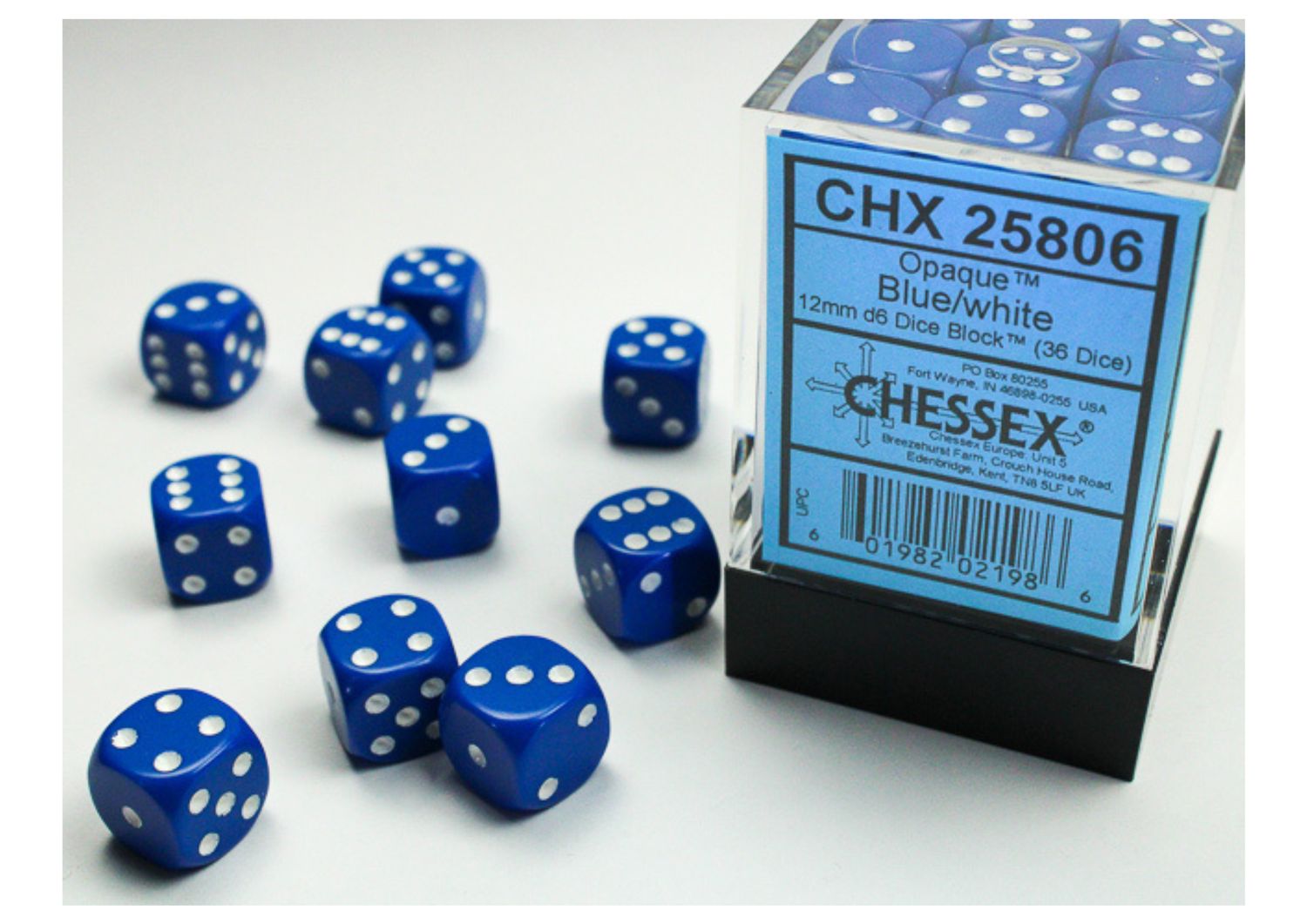 Chessex -Blue/White Opaque - 12mm D6 Dice Block – 36 Dobbelstenen