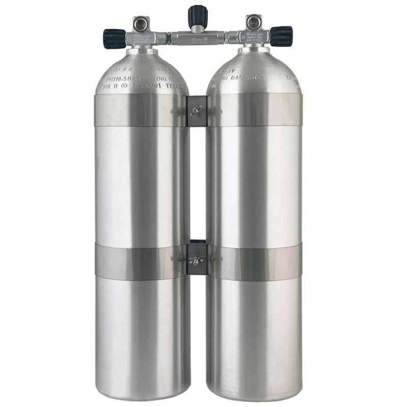 Double alu tank brushed 2 x 11,L, 186 mm, 200 Bar, Tecline, 60 mm tank bands, manifold, rubber knobs