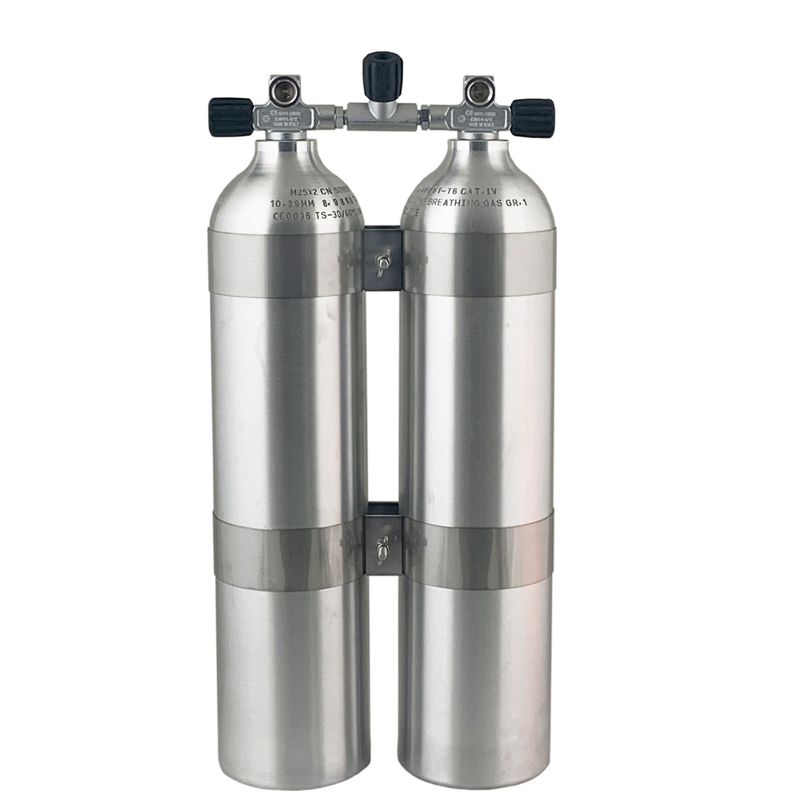 Double alu tank brushed 2 x 7L, 152 mm, 207 Bar, Tecline, 60 mm tank bands, manifold, rubber knobs