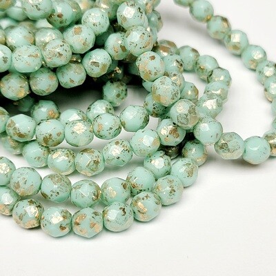 6mm Faceted Fire Polish Bead: Mint with Gold Finish