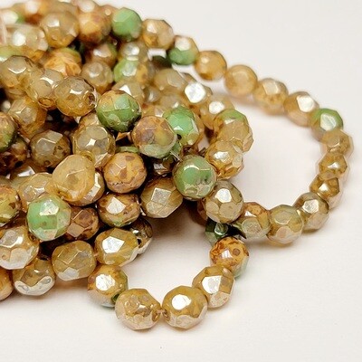 6mm Faceted Fire Polish Bead: Champagne & Sea Green