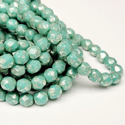 6mm Faceted Fire Polish Bead: Tea Green with Mercury Finish