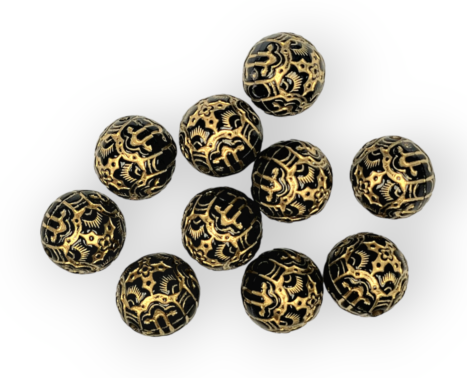 Black Gold Etched Beads 14mm-10pcs