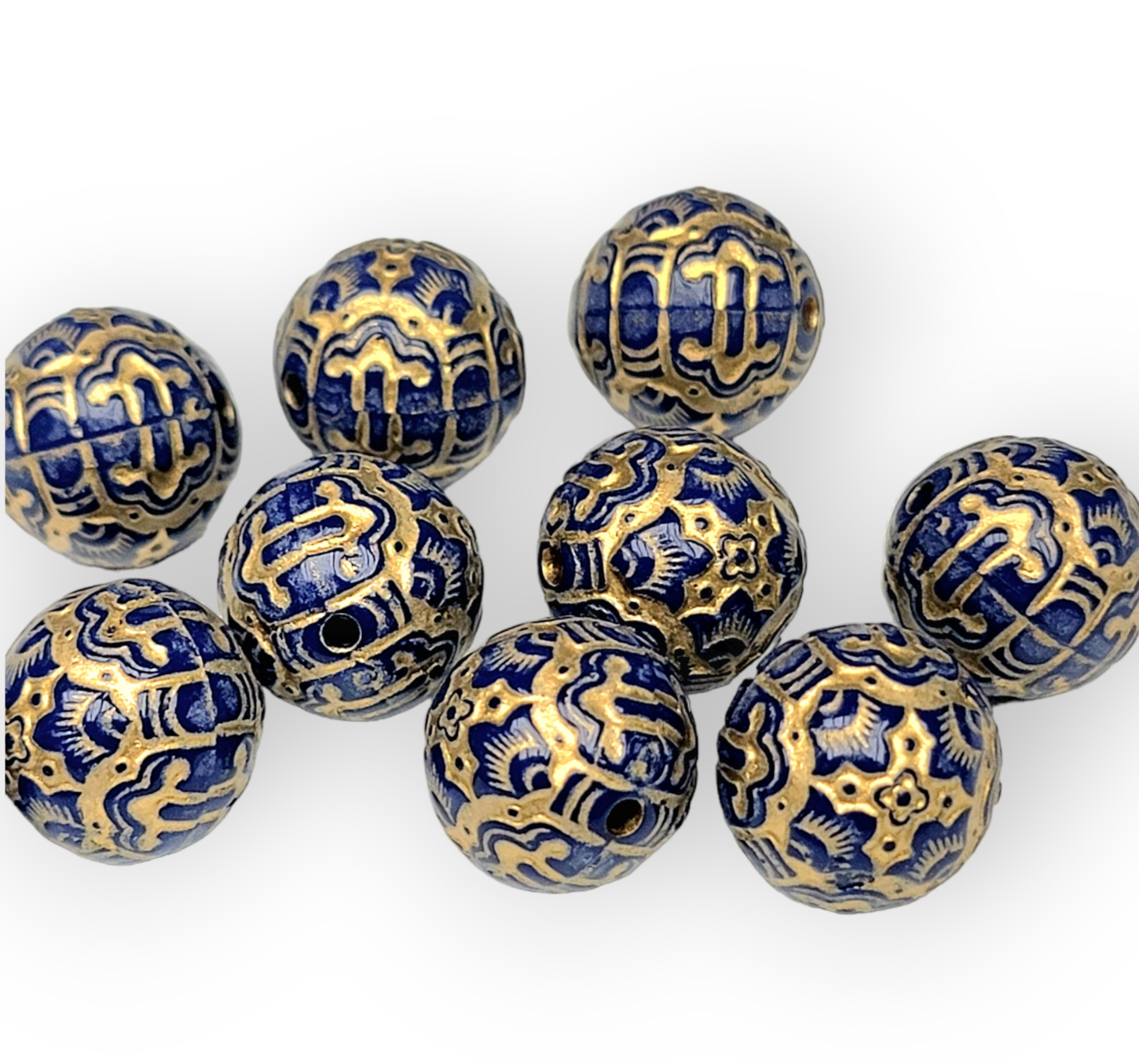 Blue Gold Etched Beads 14mm-10pcs
