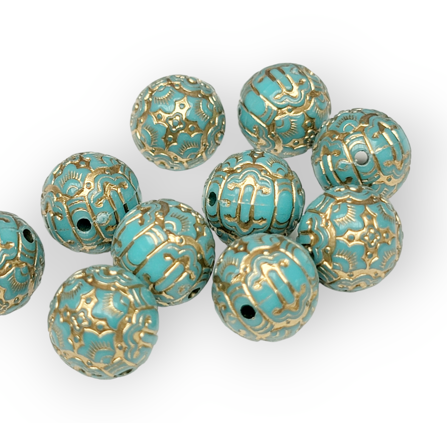 Teal Gold Etched Beads 14mm-10pcs