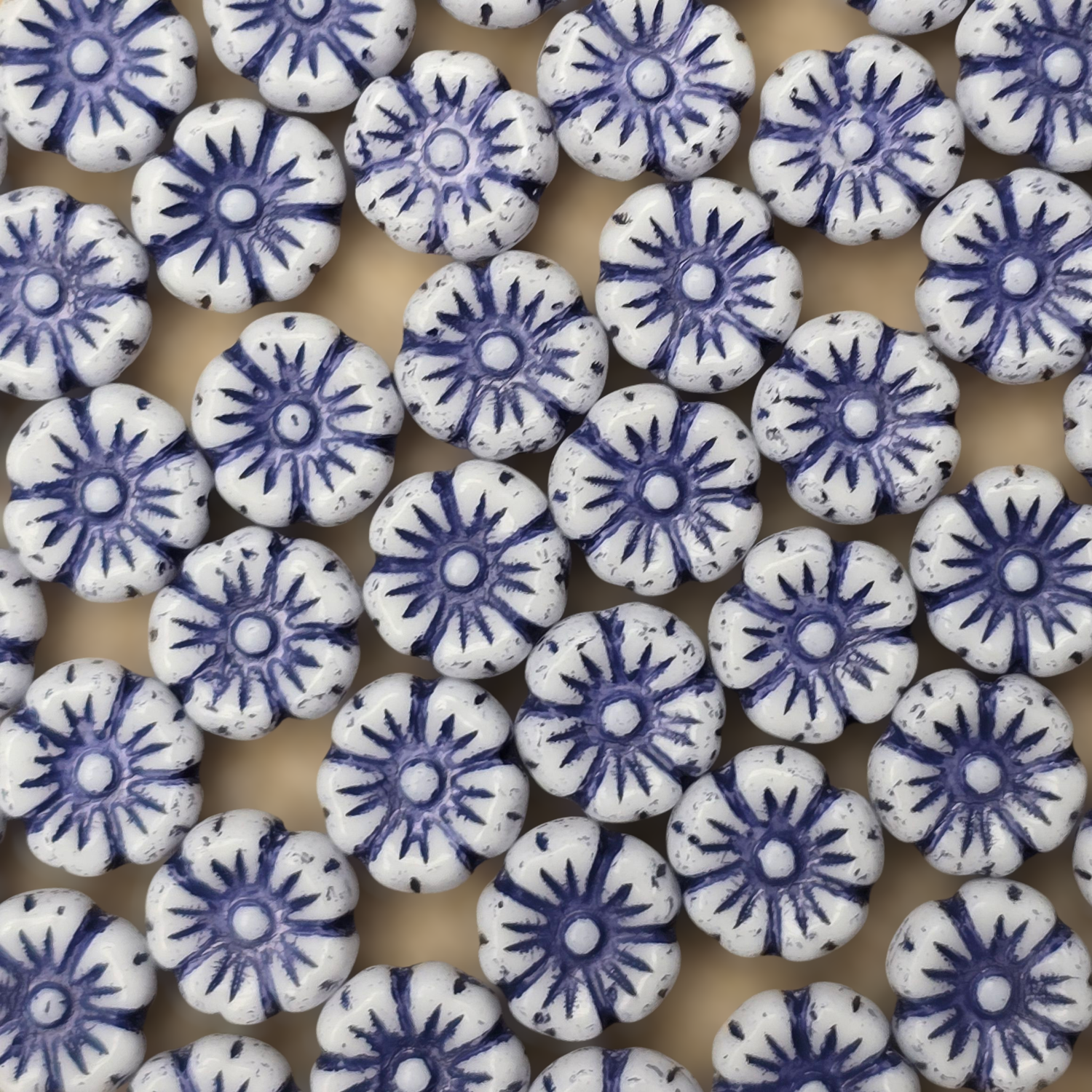 9mm Flower Czech Glass Beads: Chalk White Dark Blue (10 pieces)