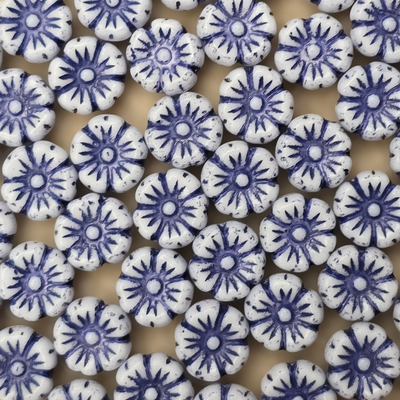 9mm Flower Czech Glass Beads: Chalk White Dark Blue (10 pieces)
