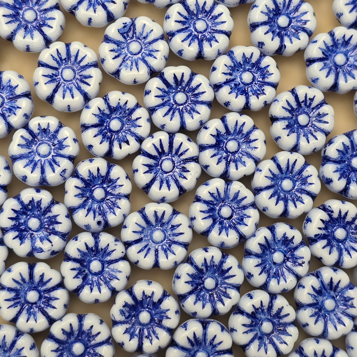 9mm Flower Czech Glass Beads: Chalk White Blue (10 pieces)