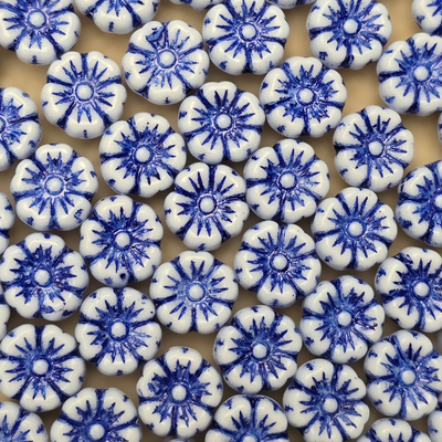 9mm Flower Czech Glass Beads: Chalk White Blue (10 pieces)