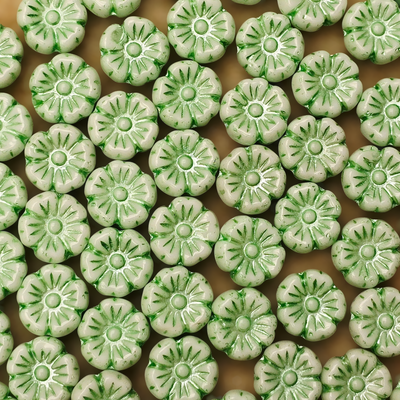 9mm Flower Czech Glass Beads: Chalk White Green (10 pieces)