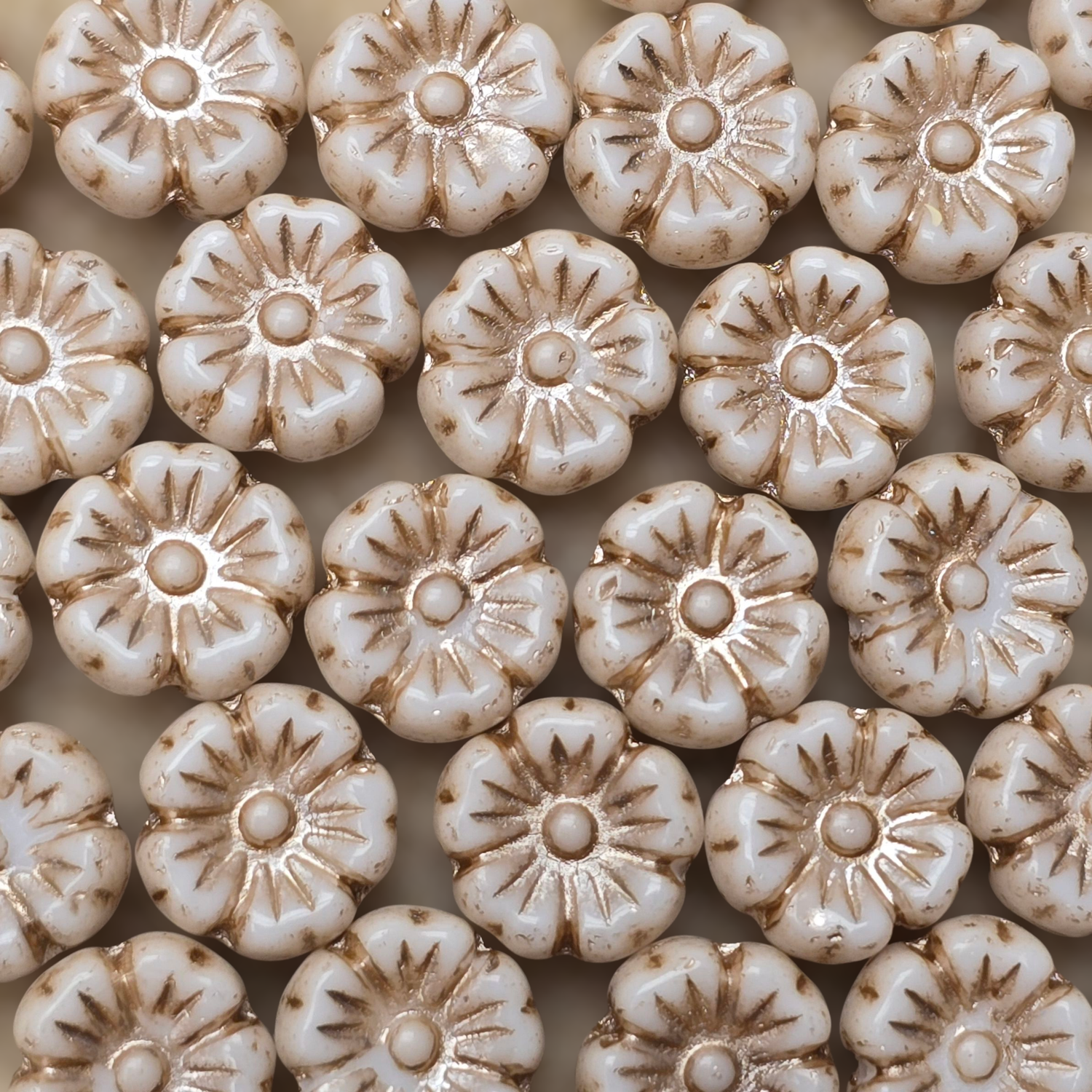 9mm Flower Czech Glass Beads: Chalk White Light Bronze (10 pieces)