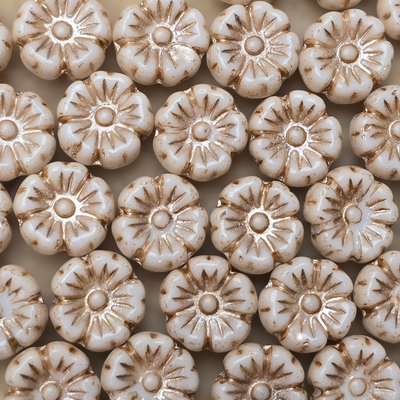 9mm Flower Czech Glass Beads: Chalk White Light Bronze (10 pieces)