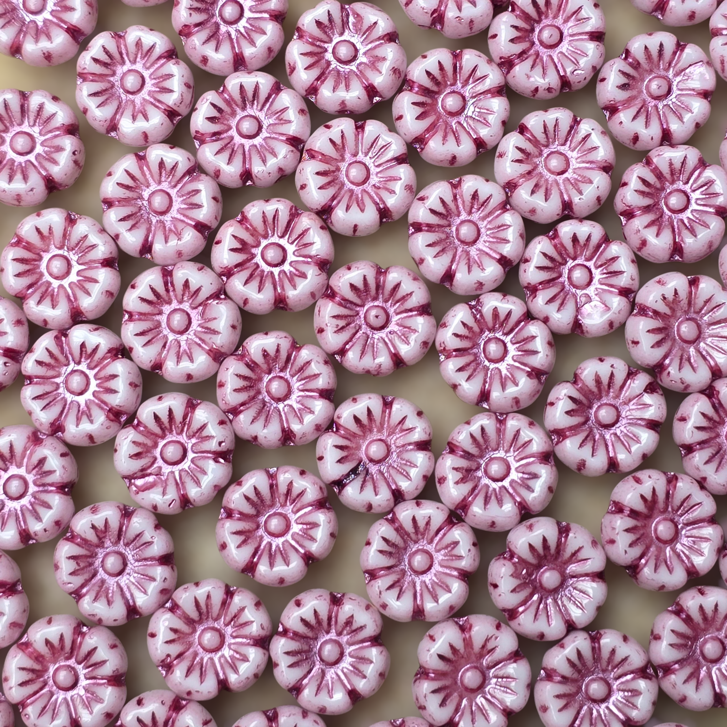 9mm Flower Czech Glass Beads: Chalk White Pink (10 pieces)