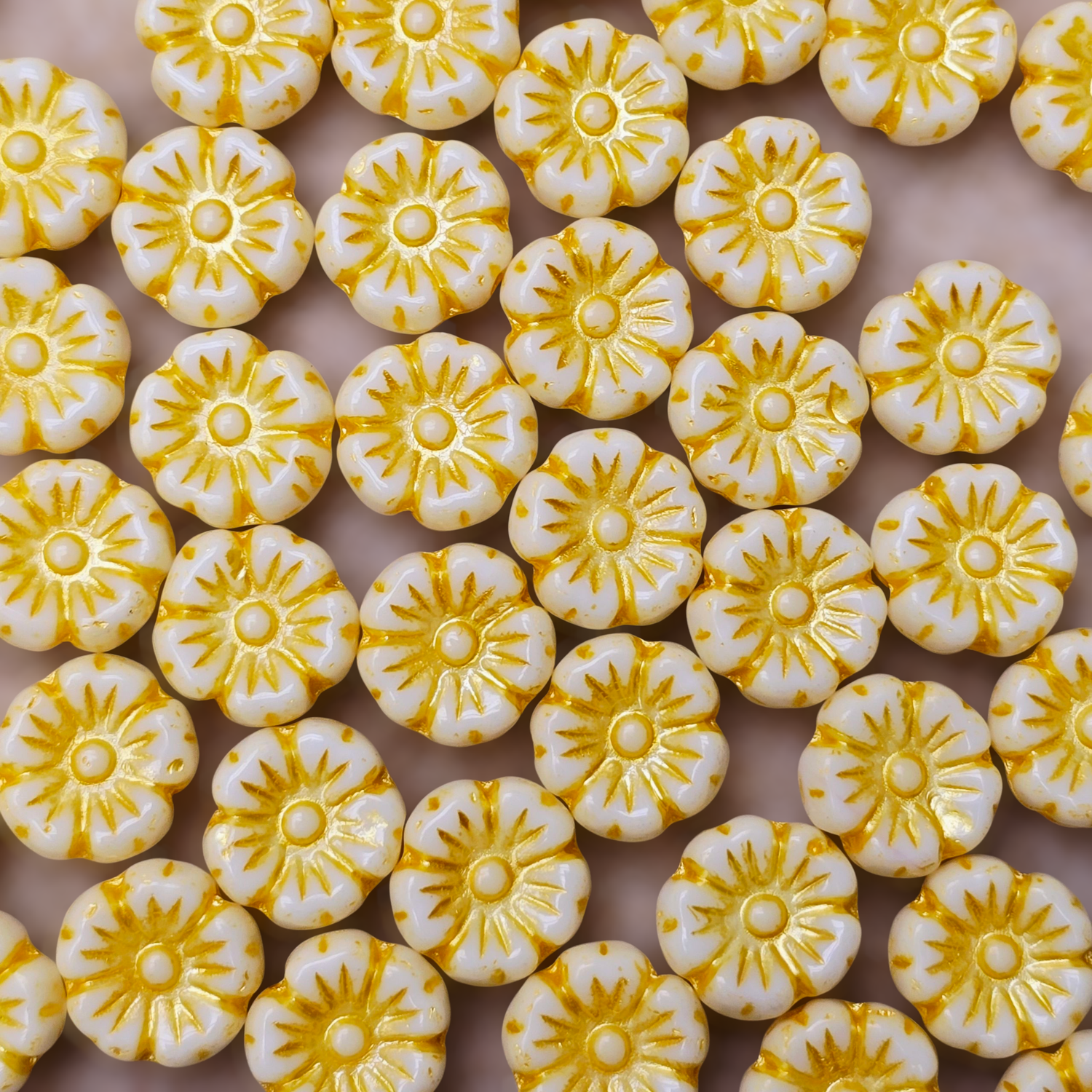 9mm Flower Czech Glass Beads: Chalk White Yellow (10 pieces)