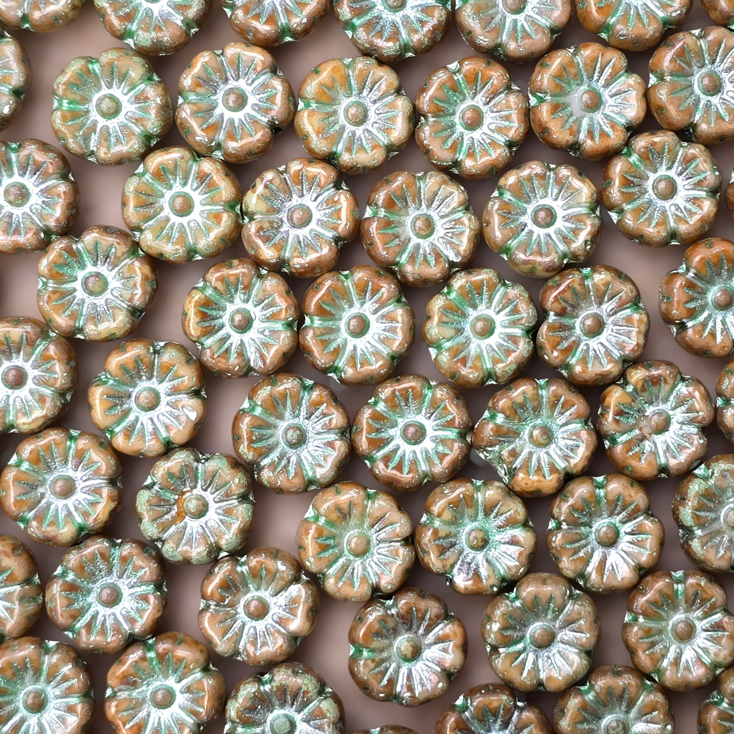 9mm Flower Czech Glass Beads: Picasso Green (10 pieces)