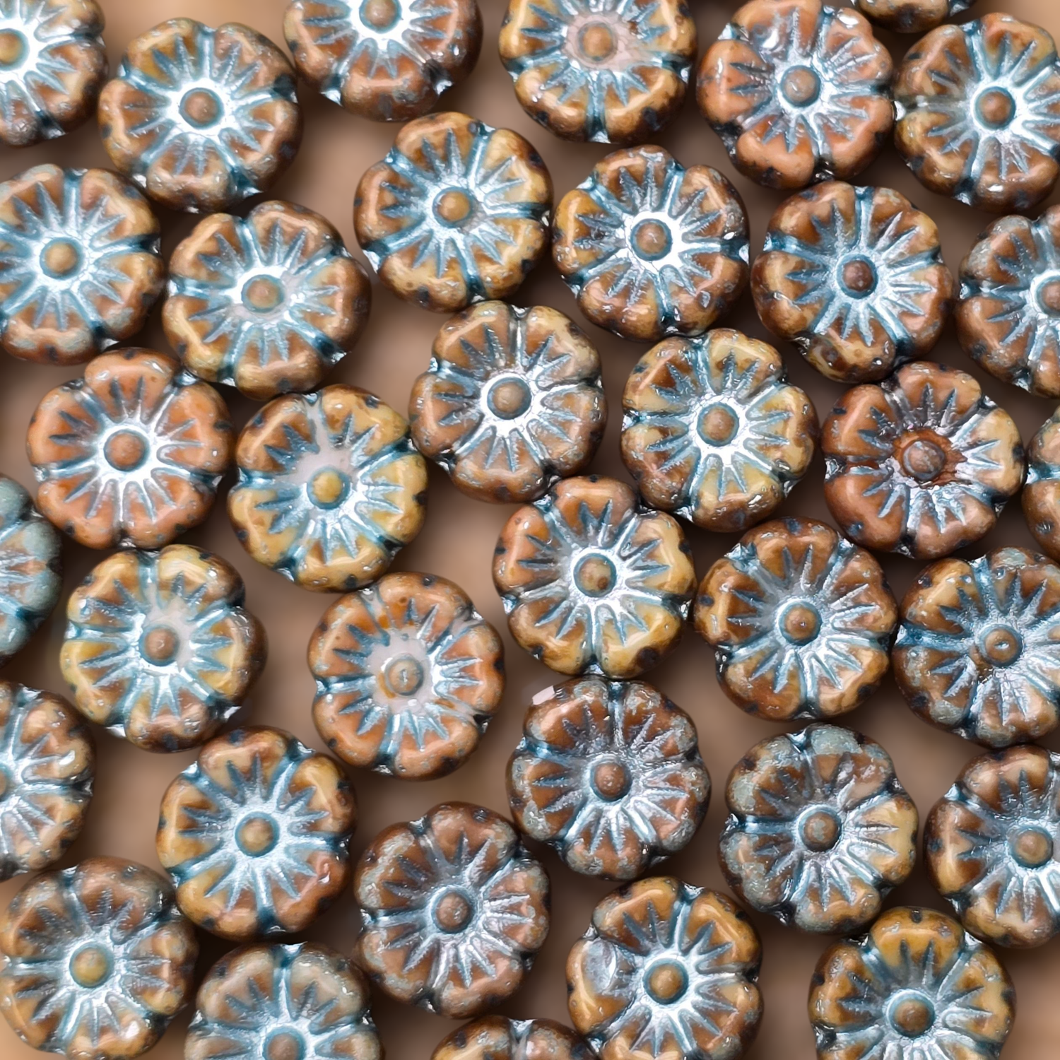 9mm Flower Czech Glass Beads: Picasso Blue (10 pieces)