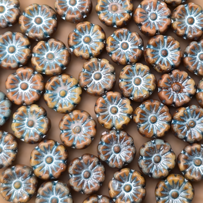 9mm Flower Czech Glass Beads: Picasso Blue (10 pieces)