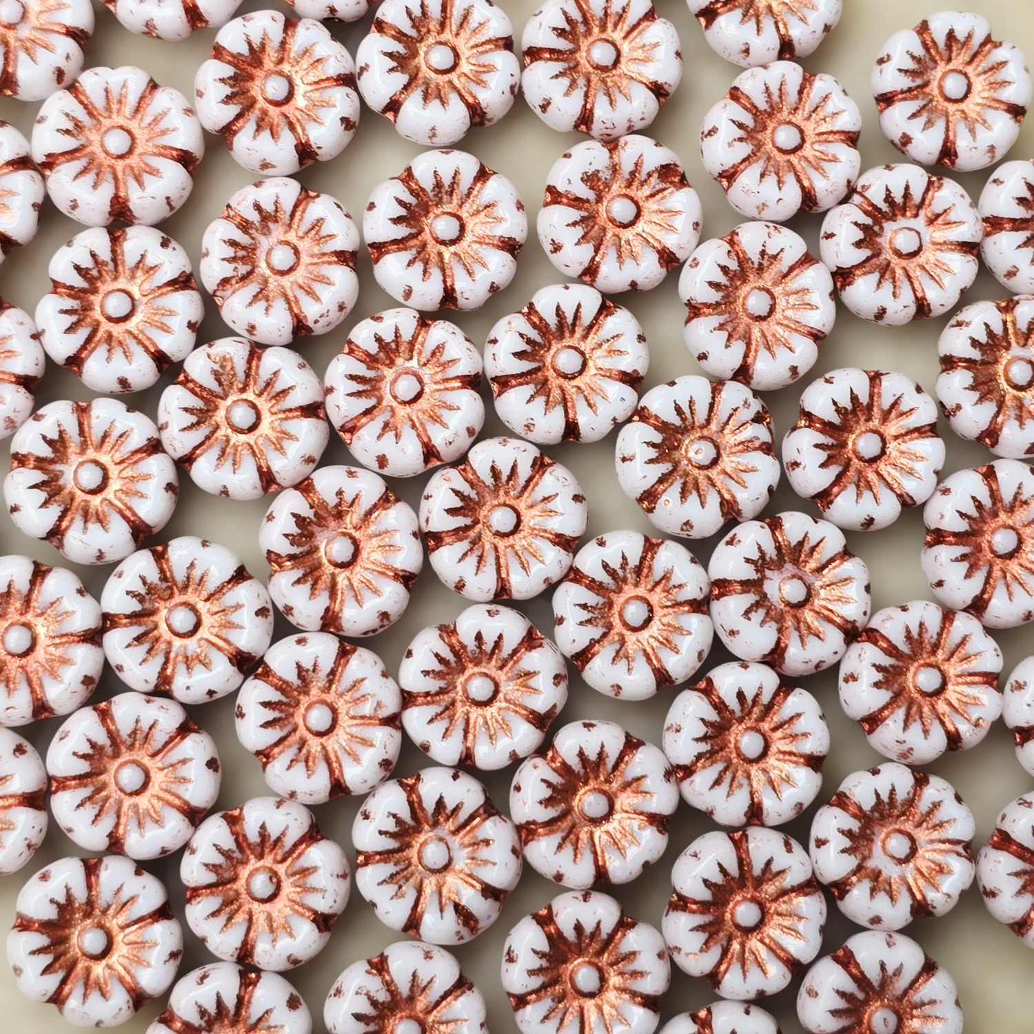9mm Flower Czech Glass Beads: Chalk White Copper (10 pieces)