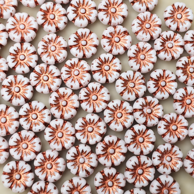 9mm Flower Czech Glass Beads: Chalk White Copper (10 pieces)