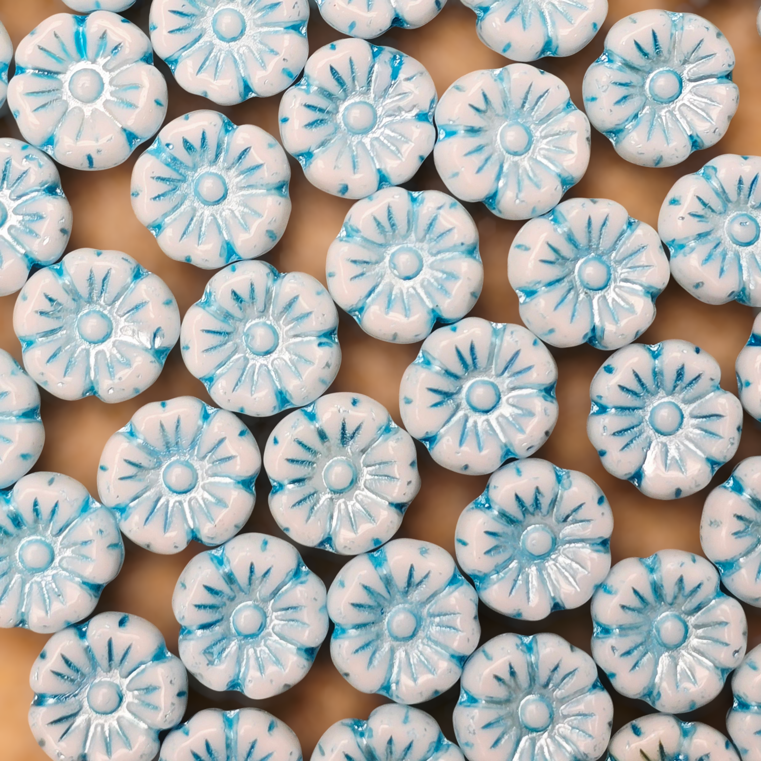 9mm Flower Czech Glass Beads: Chalk White Light Blue (10 pieces)