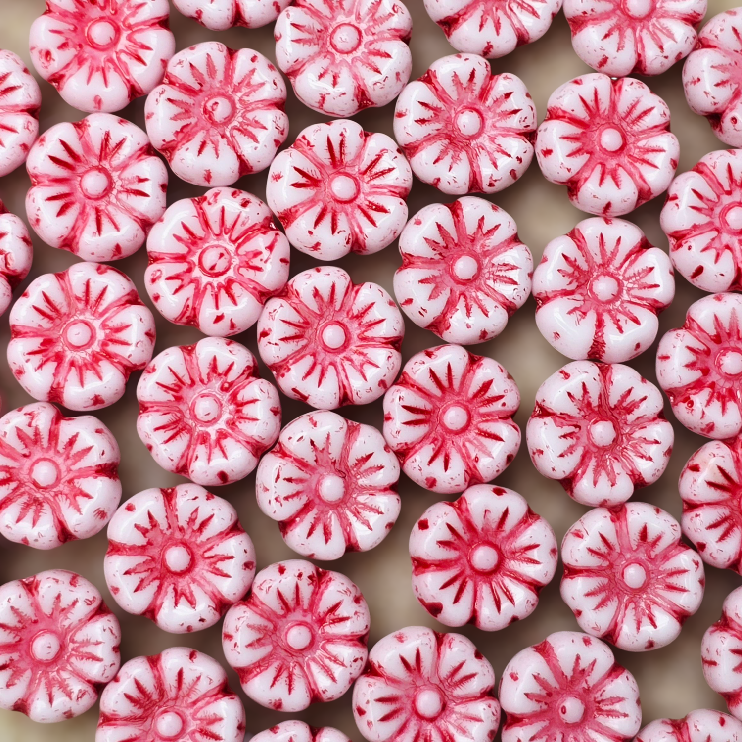 9mm Flower Czech Glass Beads: Chalk White Red (10 pieces)