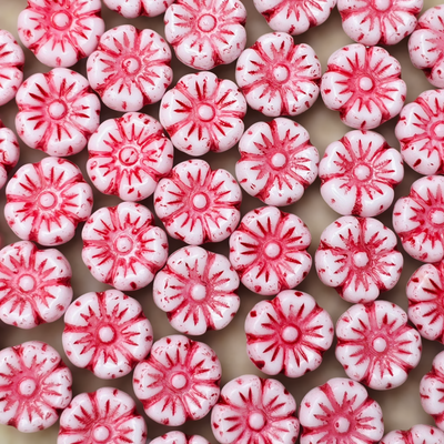 9mm Flower Czech Glass Beads: Chalk White Red (10 pieces)