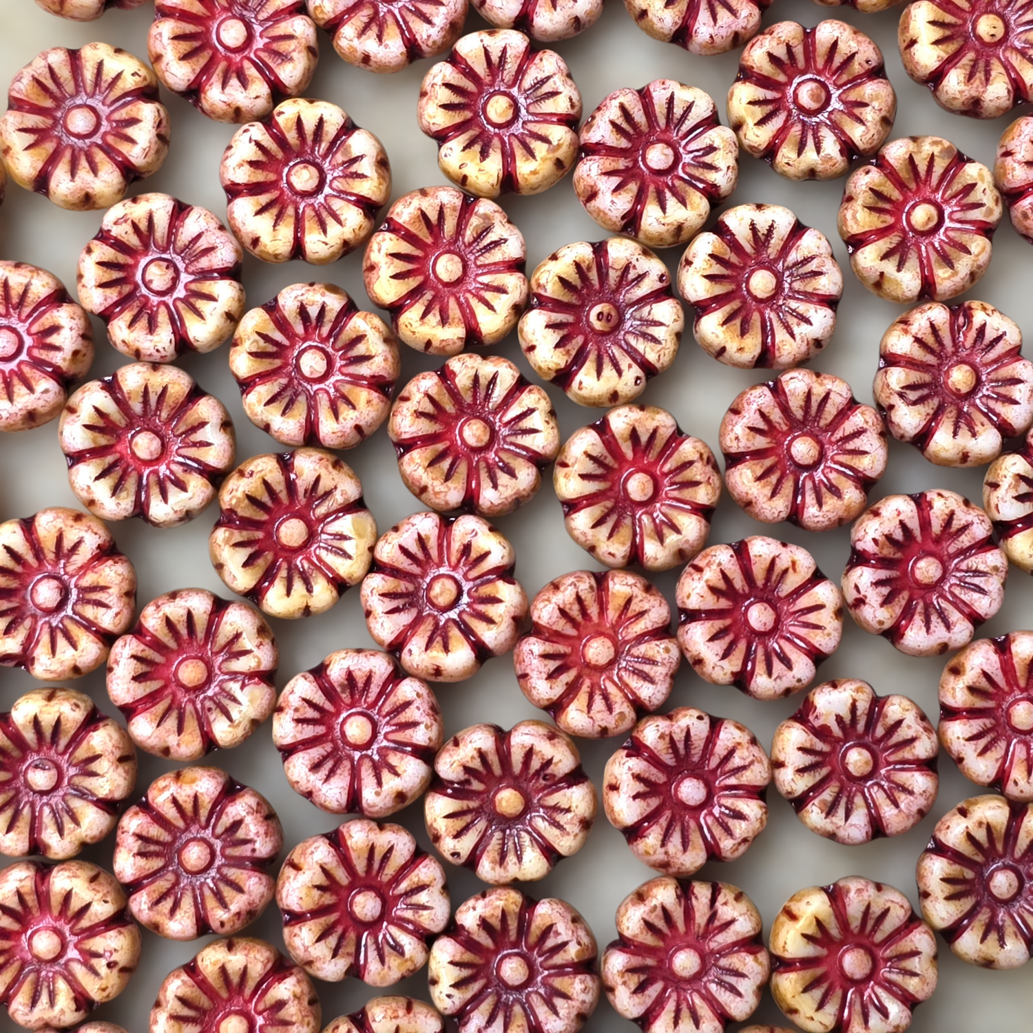 9mm Flower Czech Glass Beads: Picasso Red (10 pieces)