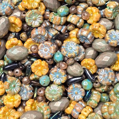 Czech Teal/Yellow Flower Bead Mix (30 grams)